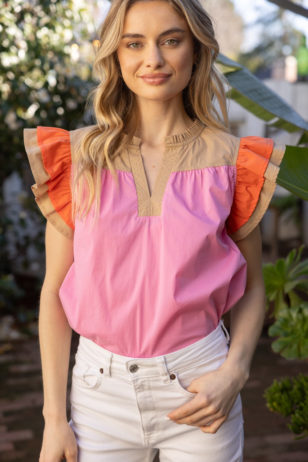 color block multi stitched placket poplin top in pink-front