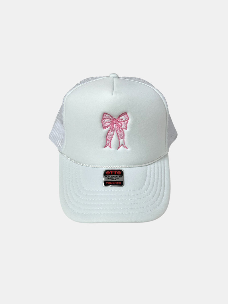 coquette bow trucker hat white hat pink bow colorway front view