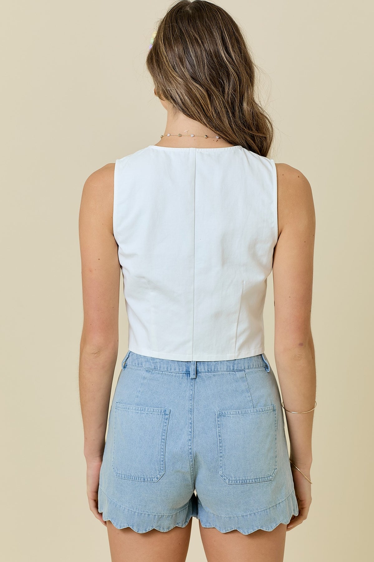 front tie denim vest in white