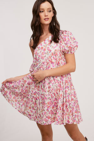 ditsy floral cotton one shoulder mini dress in pink floral-front