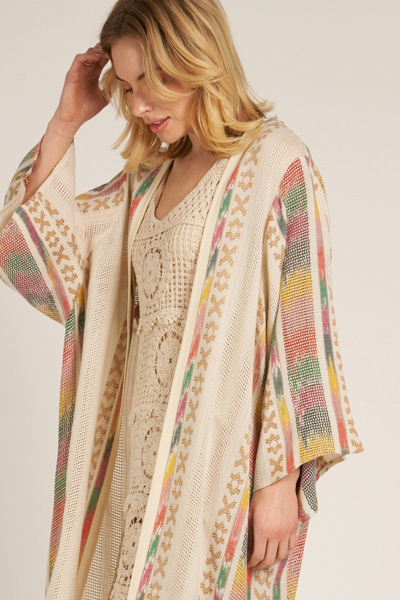 embroidered maxi kimono with tassel detail in cream multicolor-front detail 