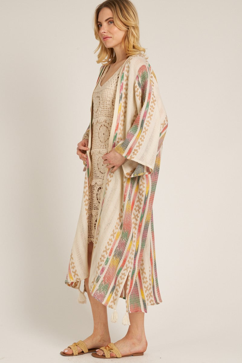 embroidered maxi kimono with tassel detail in cream multicolor-side view