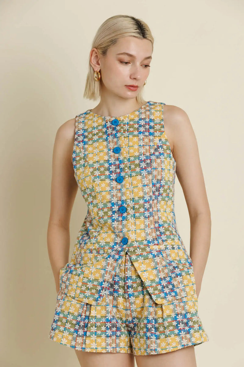 Yellow & Blue Multicolor Embroidered Eyelet Vest & Matching Shorts Set