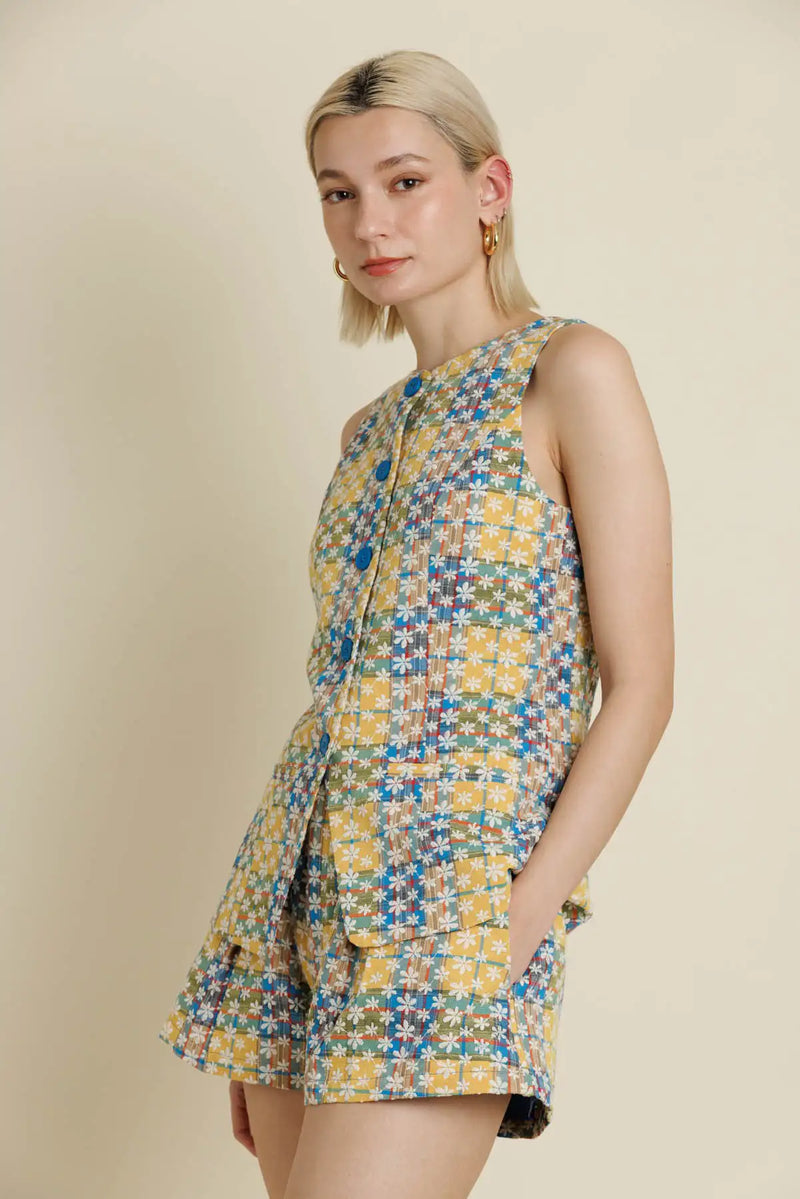 Yellow & Blue Multicolor Embroidered Eyelet Vest & Matching Shorts Set