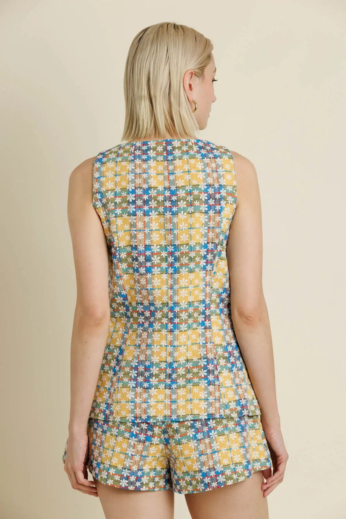 Yellow & Blue Multicolor Embroidered Eyelet Vest & Matching Shorts Set