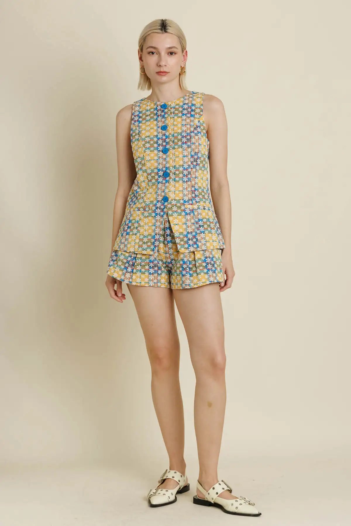 Yellow & Blue Multicolor Embroidered Eyelet Vest & Matching Shorts Set