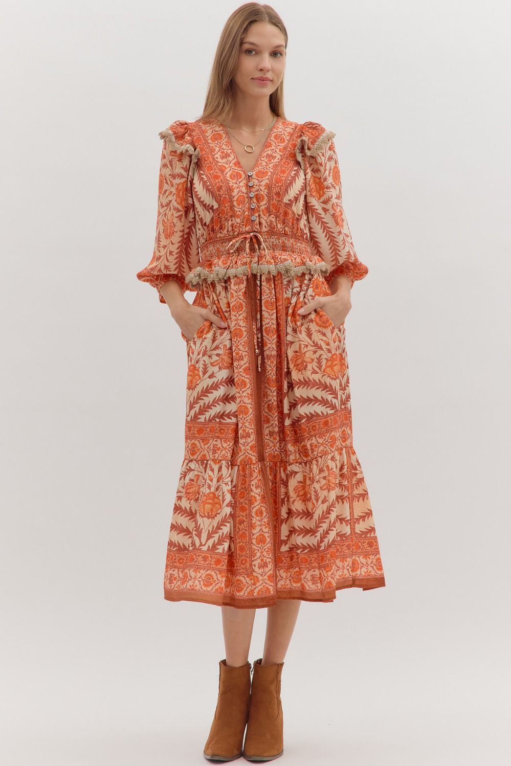 Autumn Petals Ruffle Midi Dress