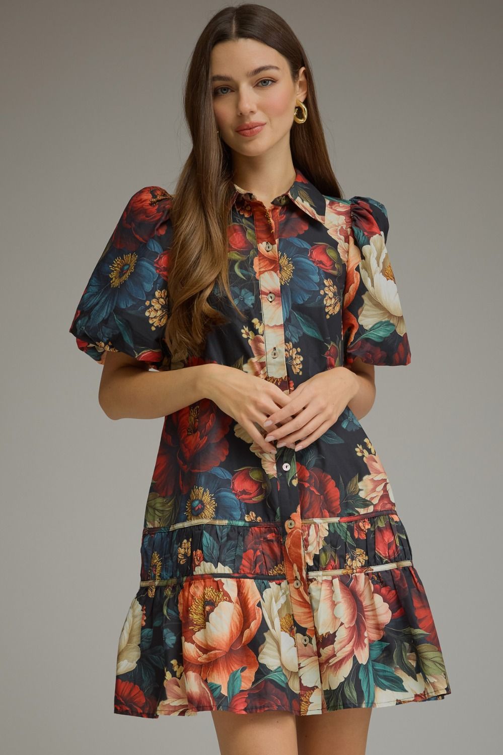 mini dress autumn Garden Floral samueljohnston plus size fall dress Opulent Perfection Red Long Color:Caribbean Mist