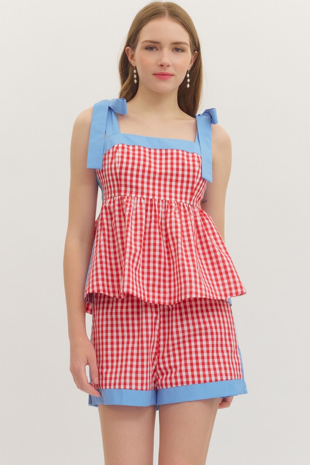 Gingham Contrast Tie Shoulder Peplum Top – Bliss