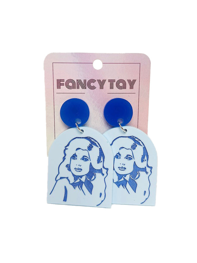 Dolly Parton Dolly Etched Face Acrylic Dangle Earrings Blue