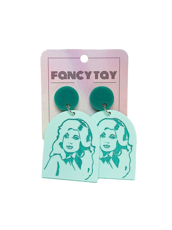 Dolly Parton Dolly Etched Face Acrylic Dangle Earrings Green