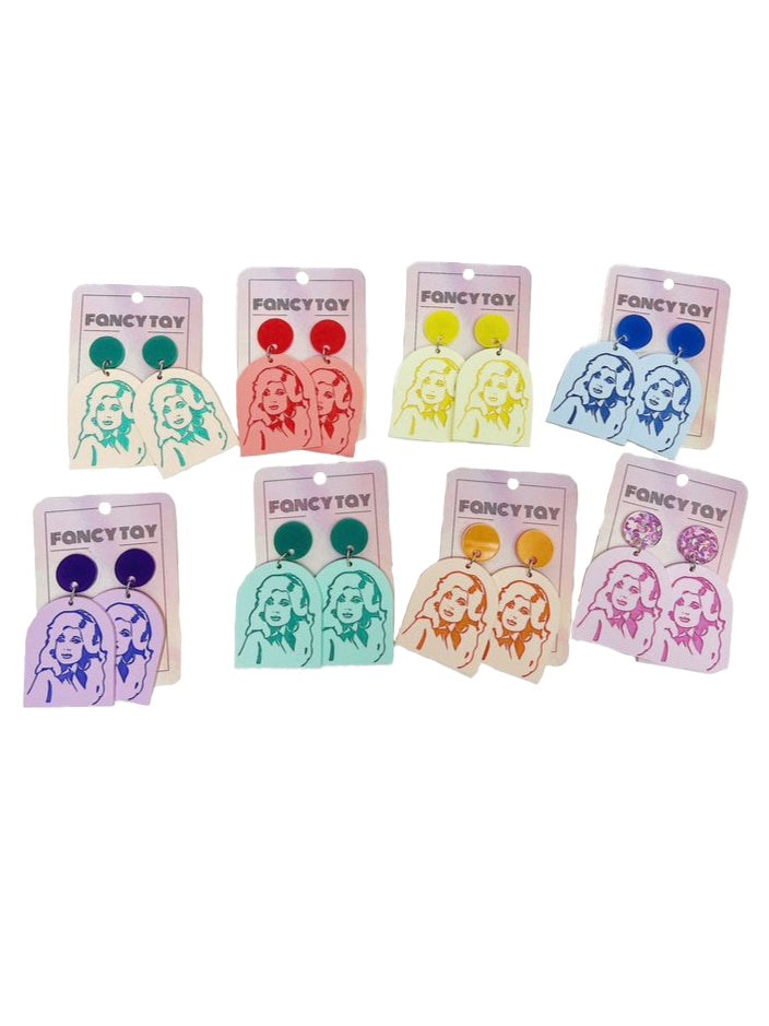 Dolly Parton Dolly Etched Face Acrylic Dangle Earrings Assorted Colors