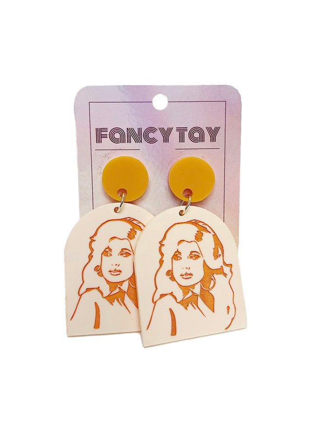Dolly Parton Dolly Etched Face Acrylic Dangle Earrings Orange