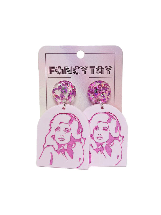 Dolly Parton Dolly Etched Face Acrylic Dangle Earrings Pink