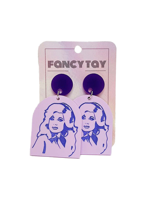 Dolly Parton Dolly Etched Face Acrylic Dangle Earrings Purple