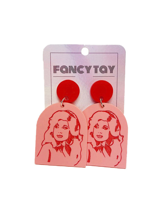 Dolly Parton Dolly Etched Face Acrylic Dangle Earrings Red