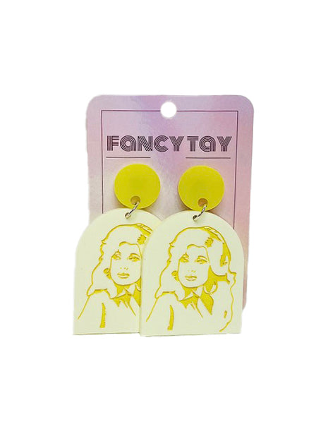 Dolly Parton Dolly Etched Face Acrylic Dangle Earrings Yellow