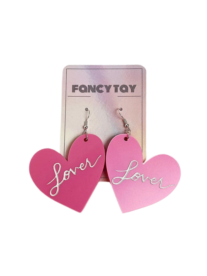 Acrylic Etched Taylor Swift Lover Heart Dangle Earrings Hot Pink Metallic