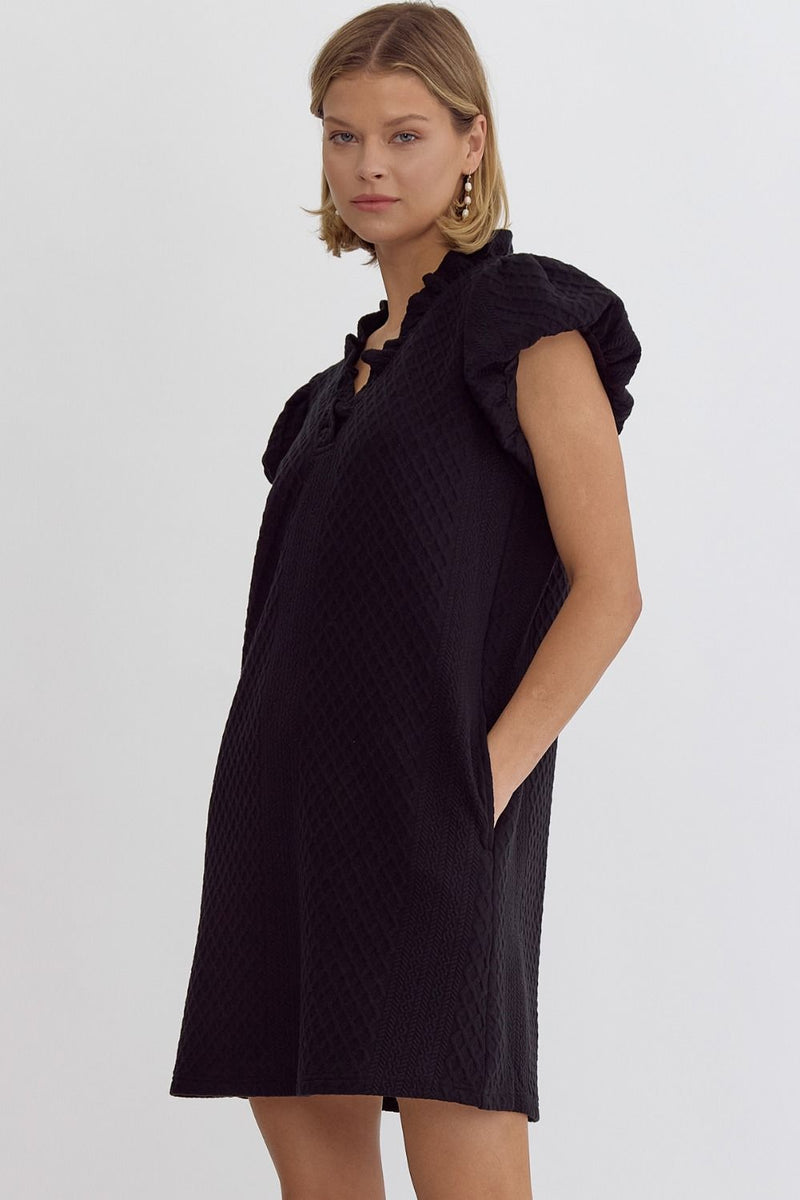 textured short bubble sleeve vneck mini dress in black-side