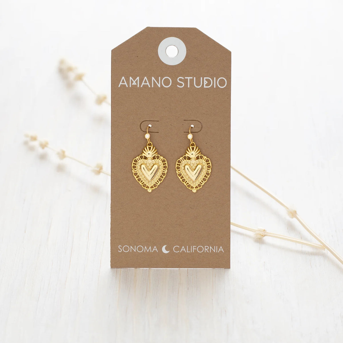 flame of love gold heart earrings by amano studio