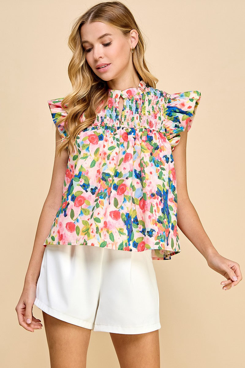 Floral Print Ruffle Neck Top
