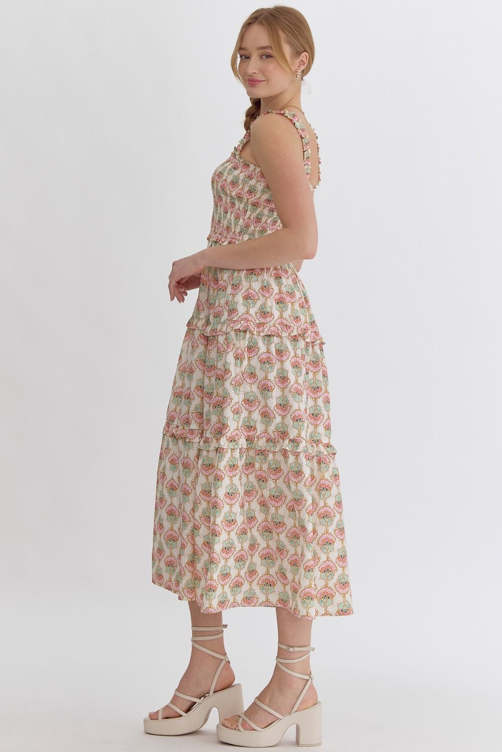 floral print square neck smocked top midi dress-side view