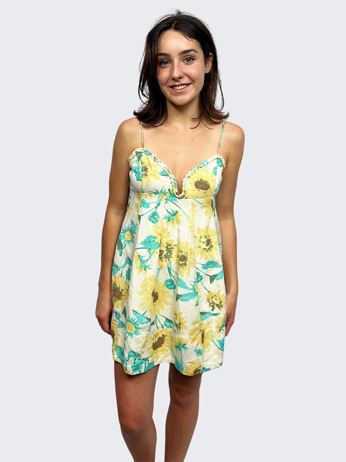 free people altura printed mini dress in pale sunflower combo-front view