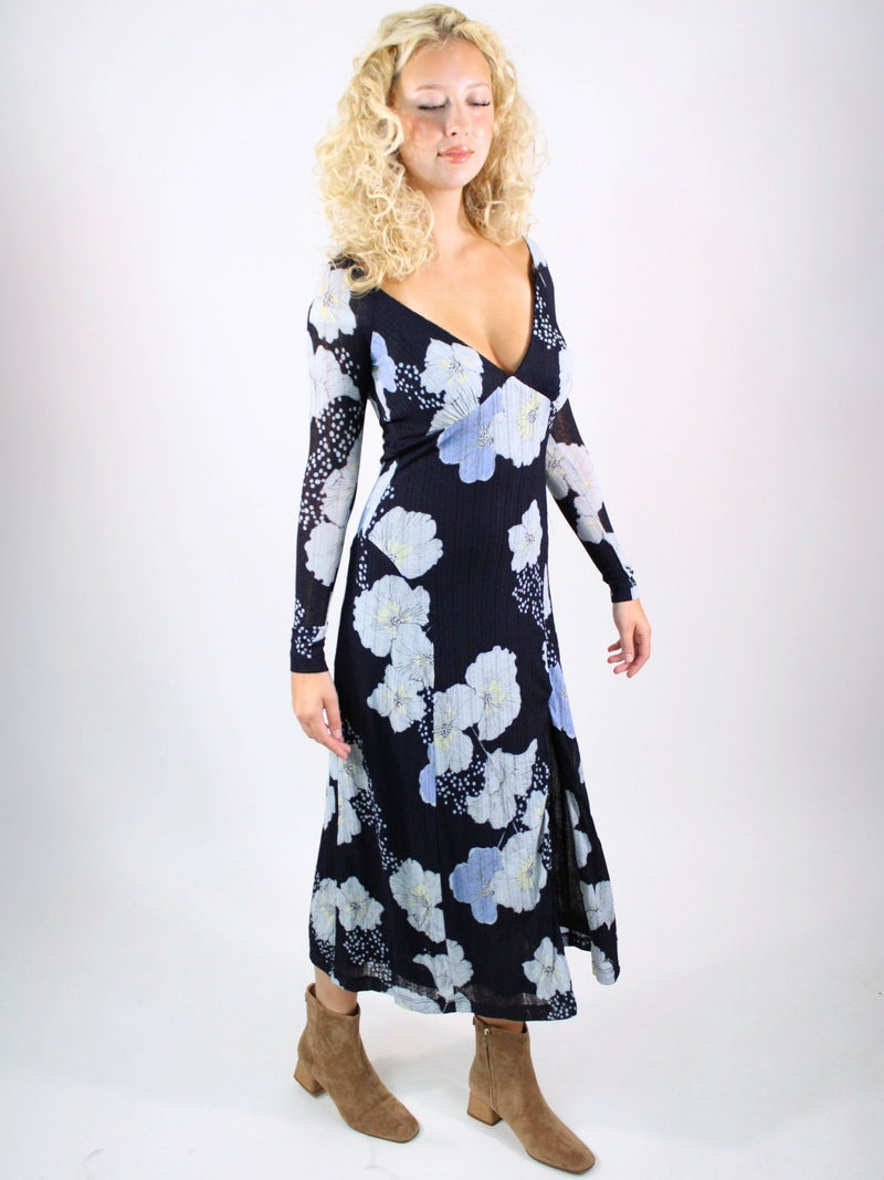 Free People Calla Print Long Sleeve Midi Dress Sky Combo