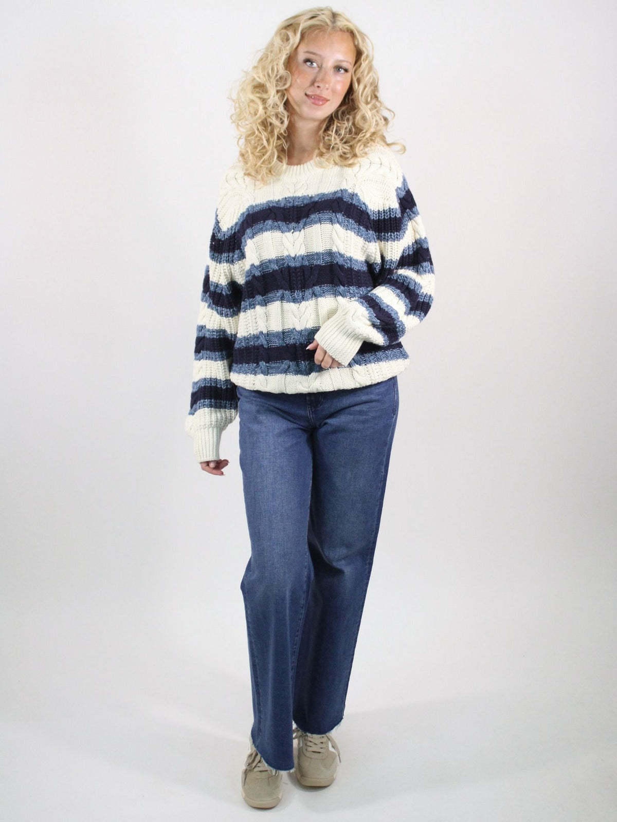 Free People Frankie Striped Cable Knit Sweater Ivory Combo