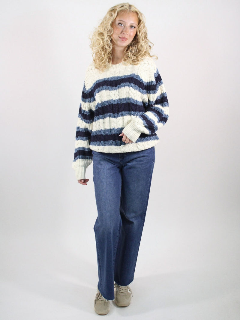 Free People Frankie Striped Cable Knit Sweater Ivory Combo