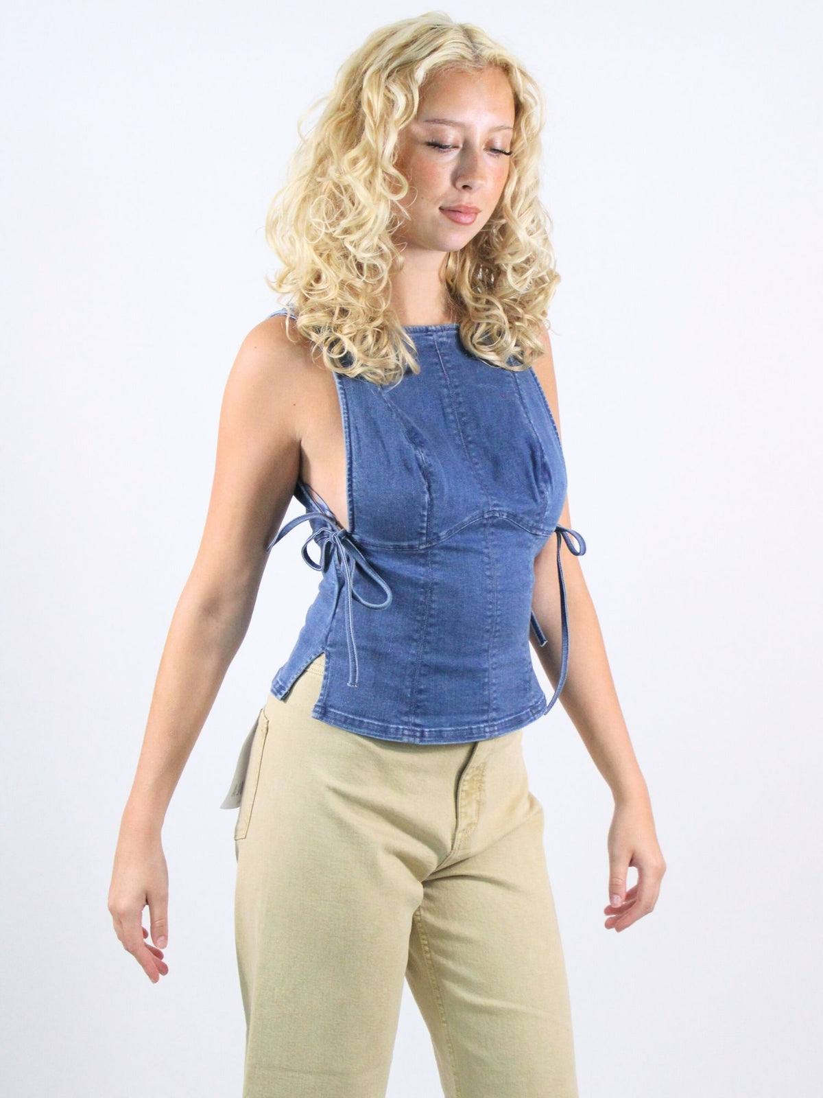 Free People Not My Fault Denim Corset Tank Baby Blue Wash