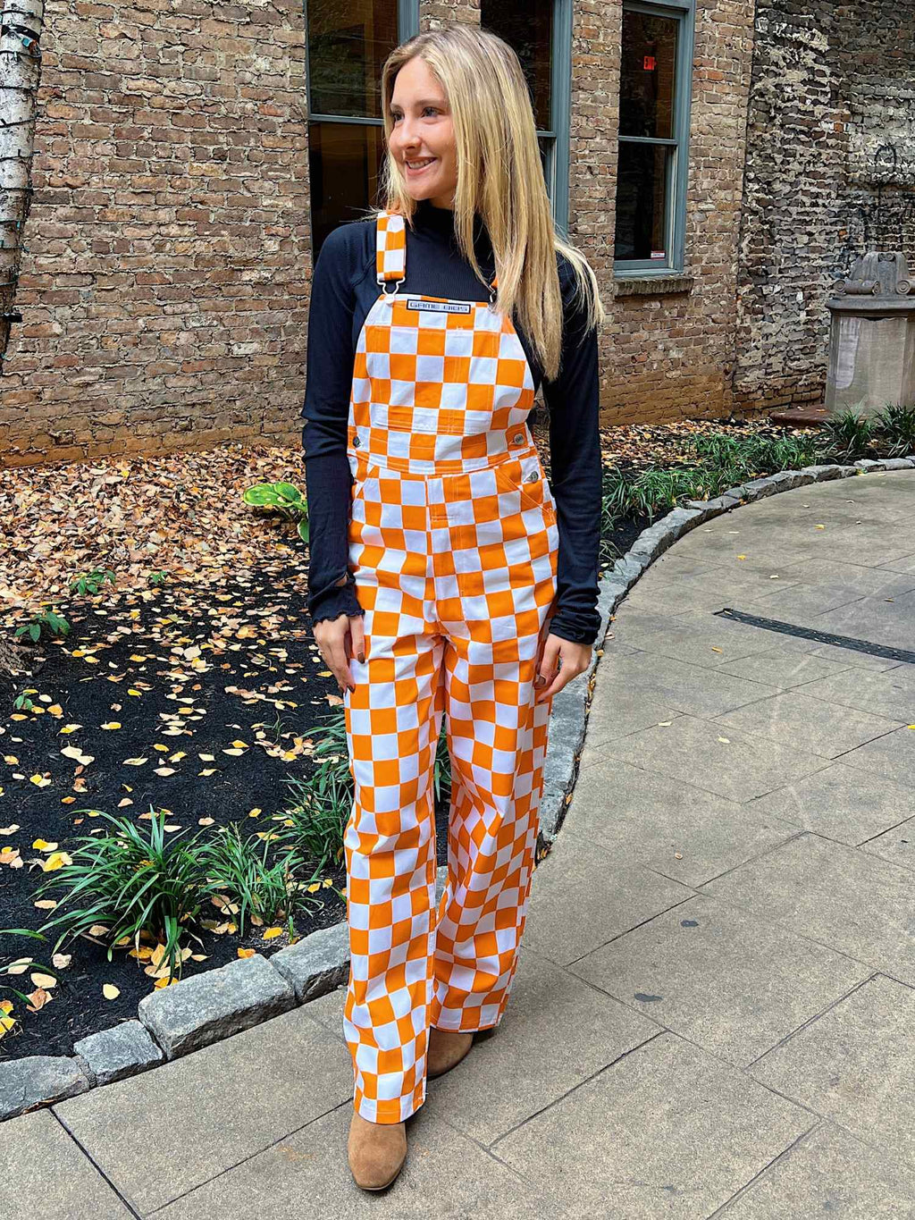 orange and white checkered overall dress Orange & White Checkered Tennessee Adult Game Bibs
