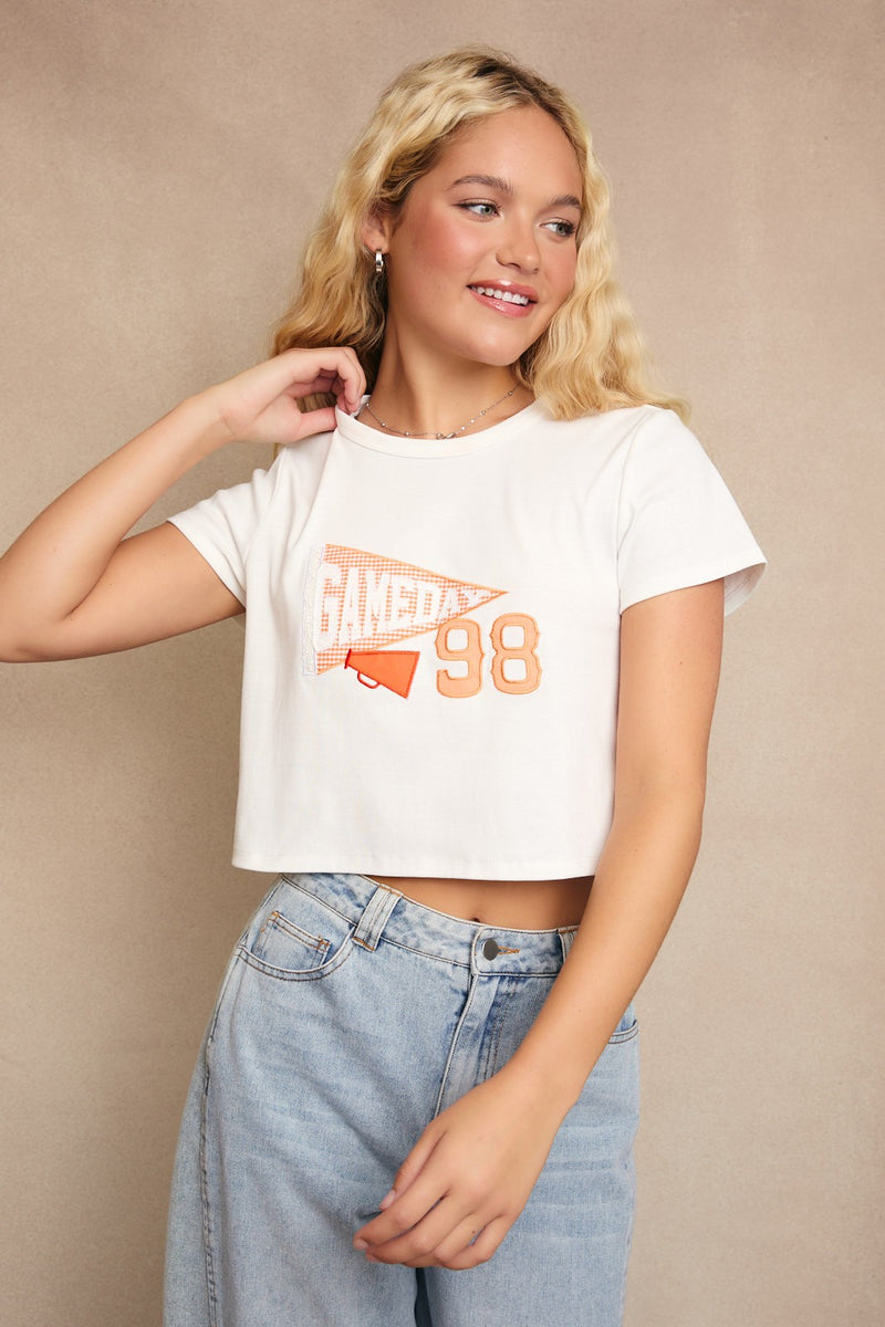 Gameday Patchwork Baby Tee in white and orange