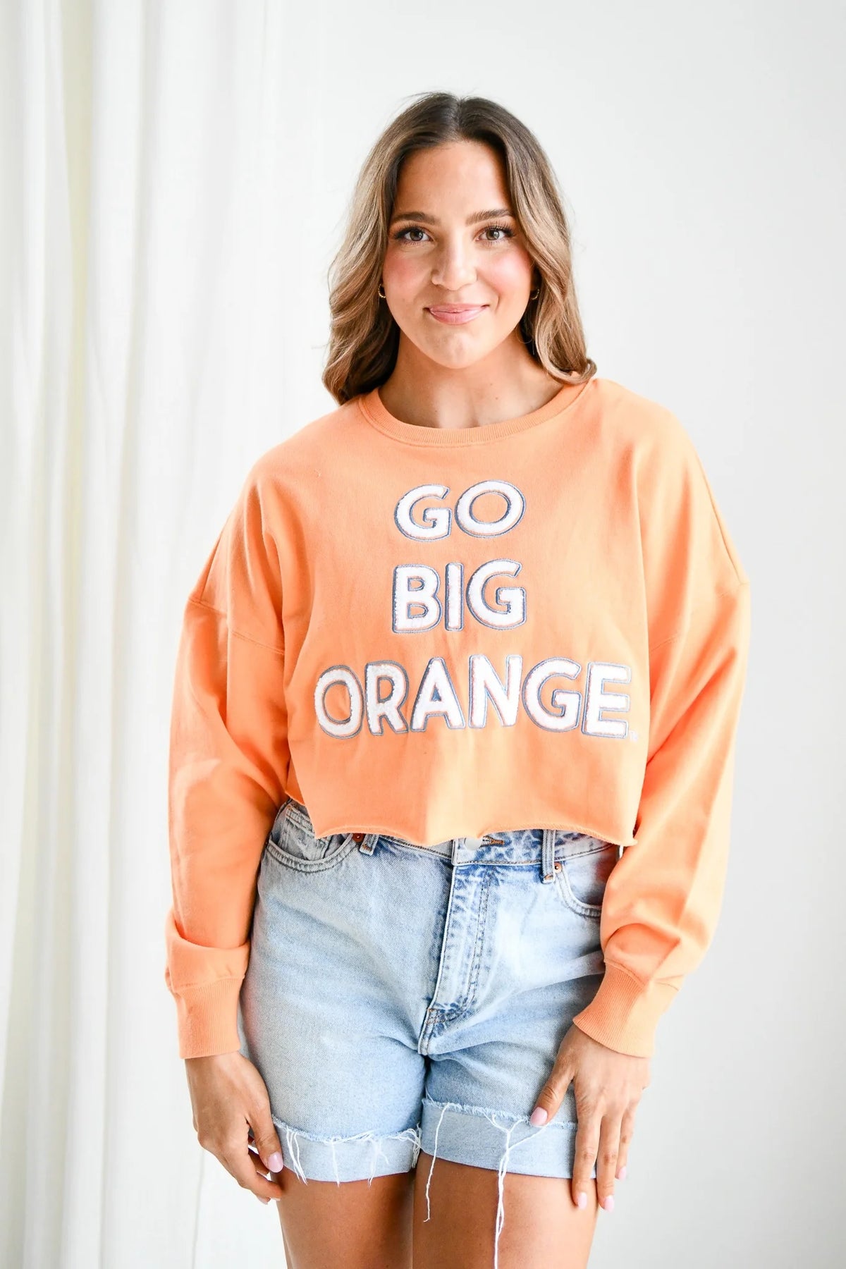Gameday Social Go Big Orange Perkins Chenille Cropped Long Sleeve Crewneck Sweatshirt Top