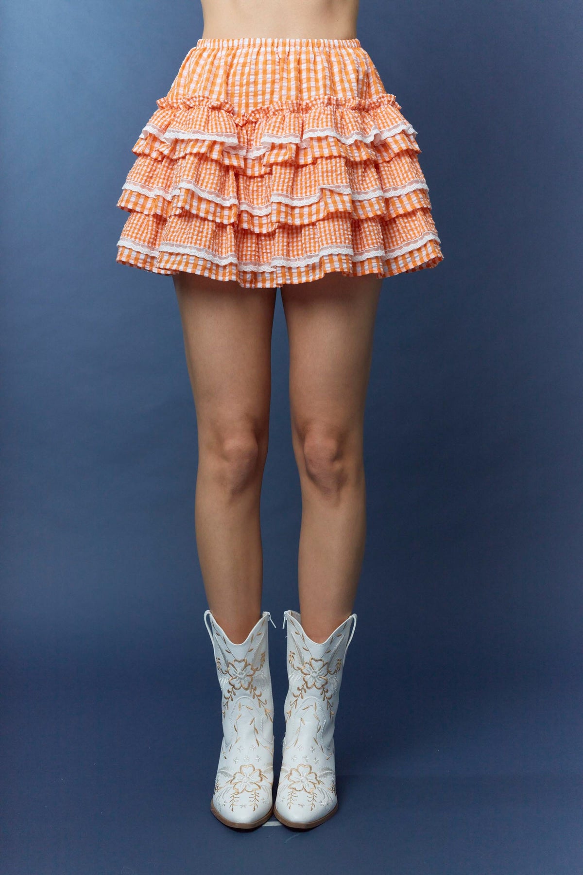 Gingham Tiered Mini Skirt orange and white