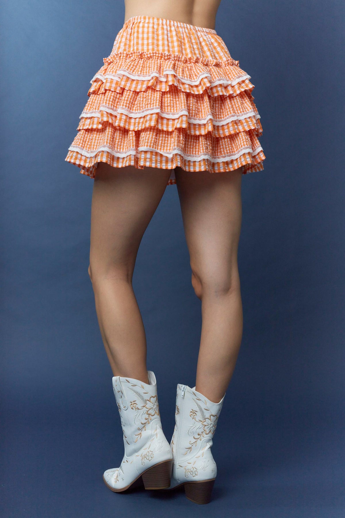 Gingham Tiered Mini Skirt orange and white