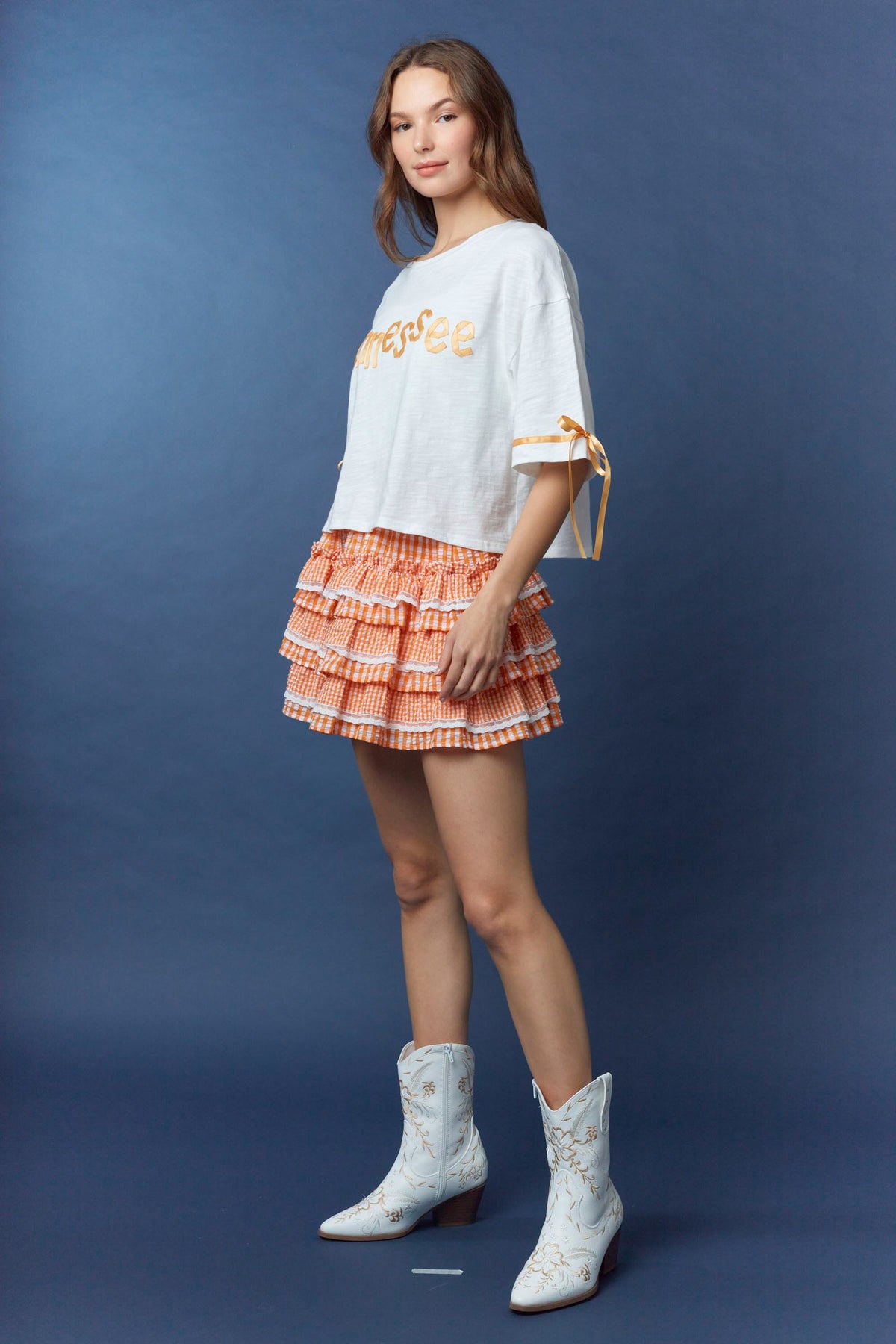 Gingham Tiered Mini Skirt orange and white