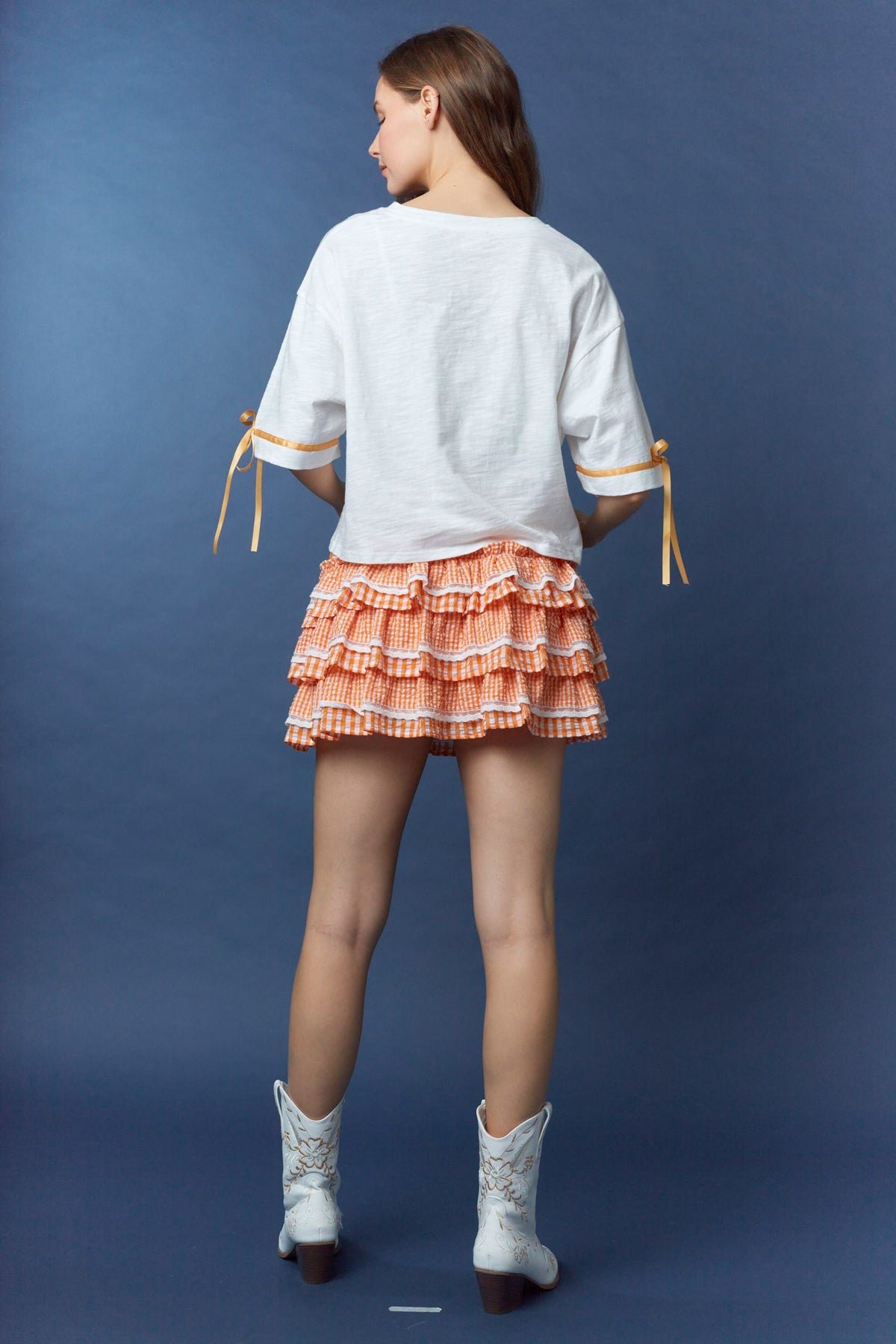 Gingham Tiered Mini Skirt orange and white