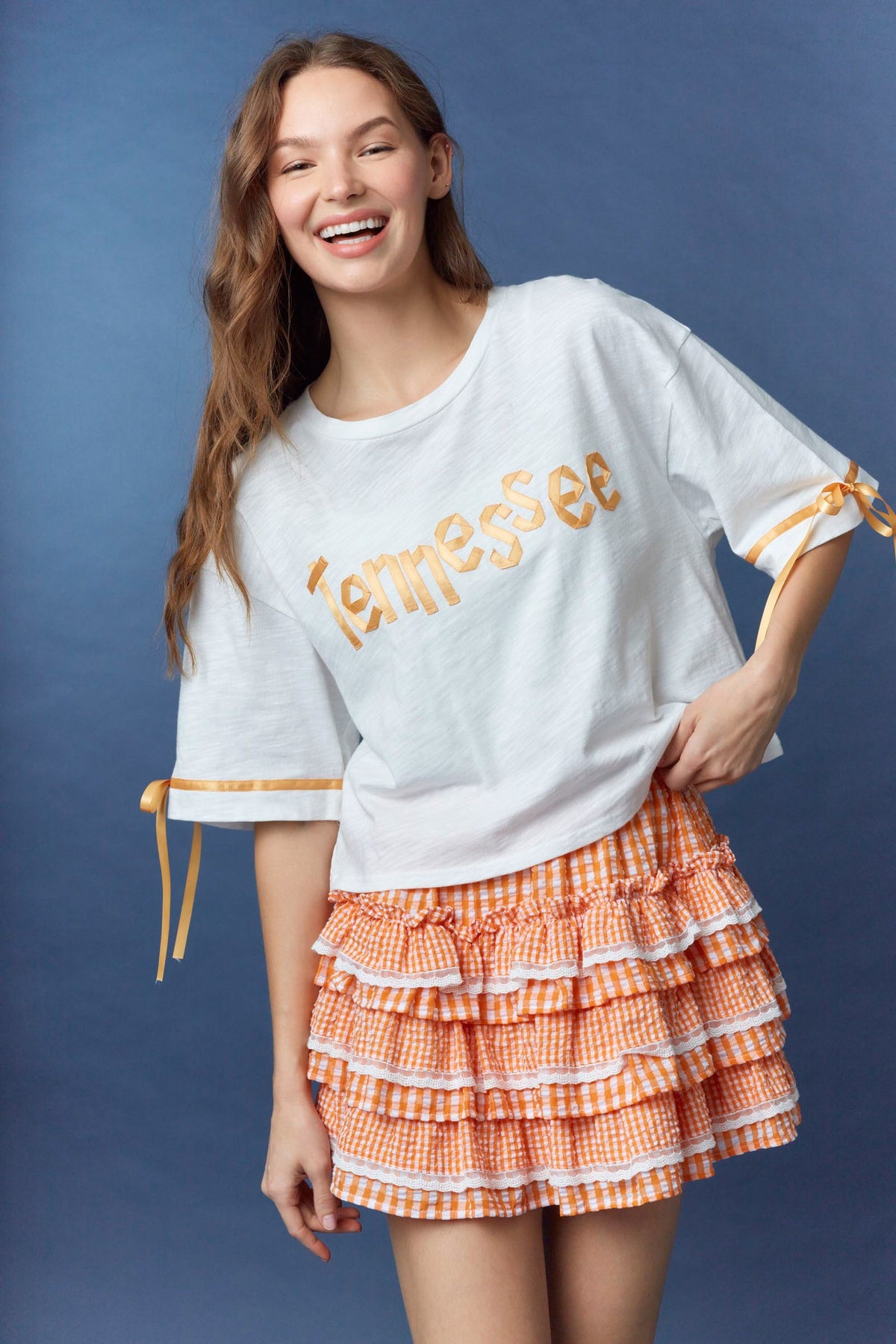 Gingham Tiered Mini Skirt orange and white