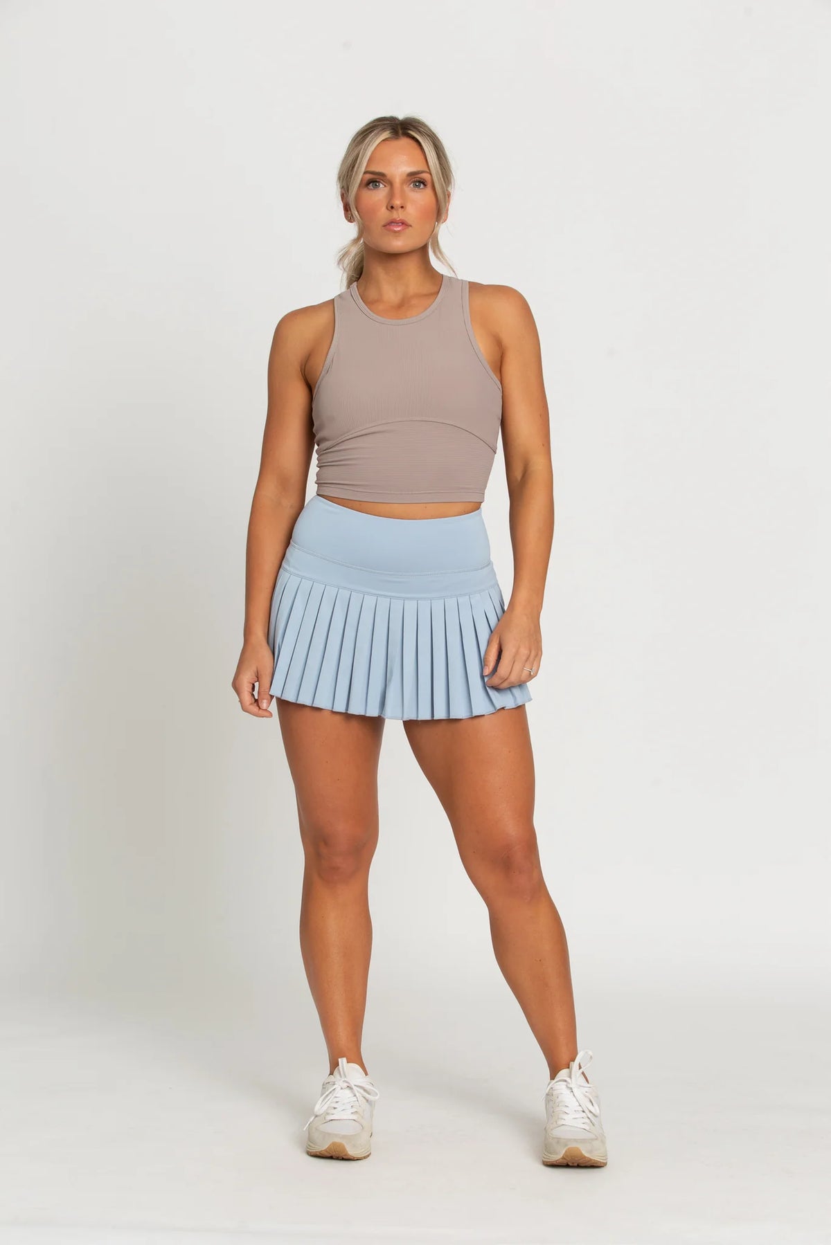gold hinge pleated tennis skirt in pale blue