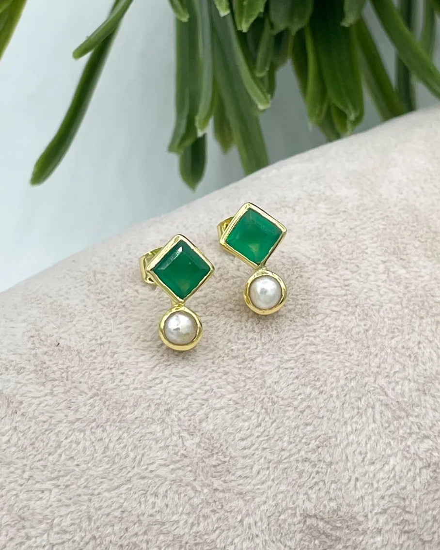 Gold-Plated Pearl & Green Onyx Stud Earrings AJS Design Studio
