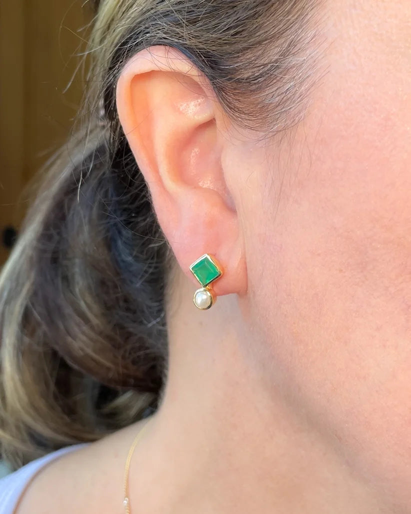Gold-Plated Pearl & Green Onyx Stud Earrings AJS Design Studio