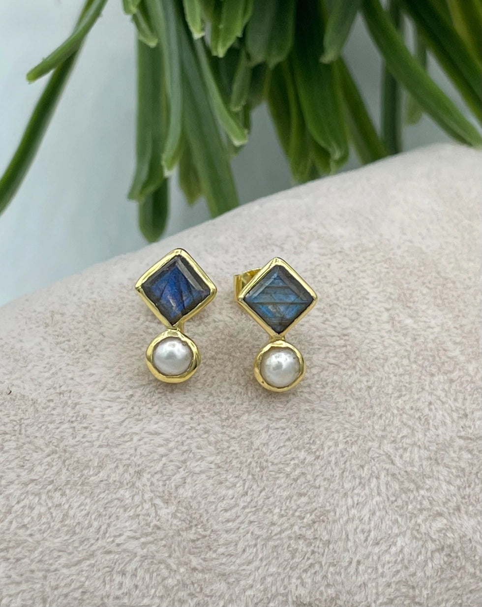 Gold-Plated Pearl & Labradorite Stud Earrings AJS Design Studio