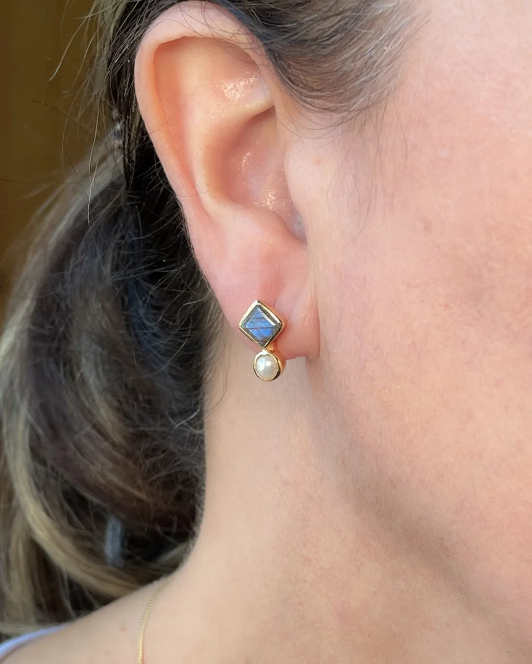 Gold-Plated Pearl & Labradorite Stud Earrings AJS Design Studio