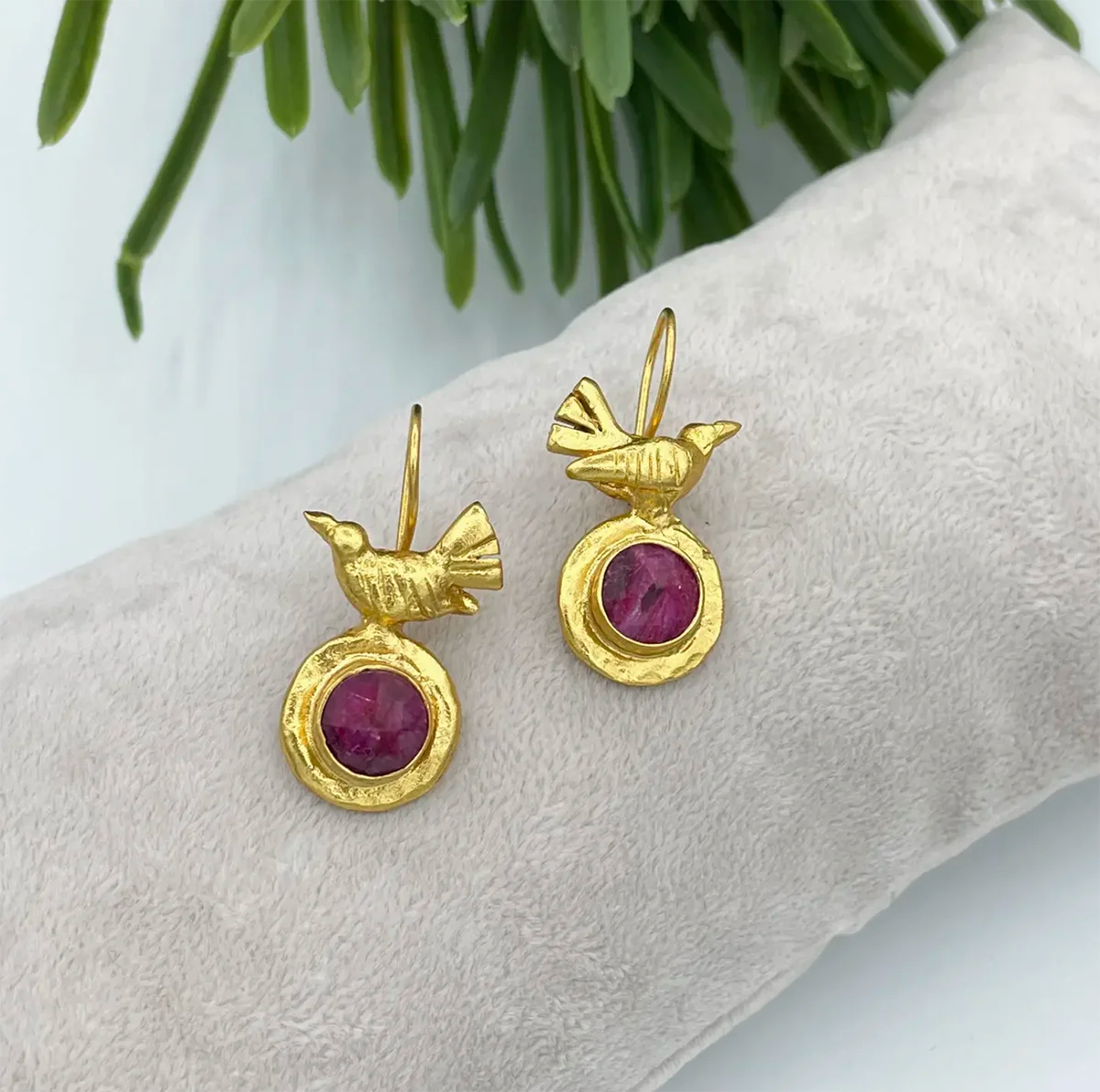 Gold-Plated Ruby Bird Earrings AJS Design Studio