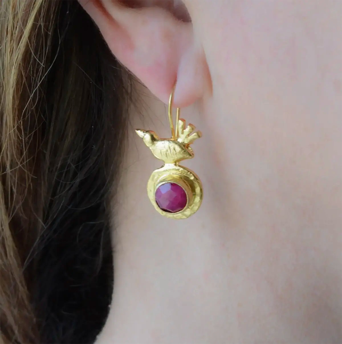 Gold-Plated Ruby Bird Earrings AJS Design Studio