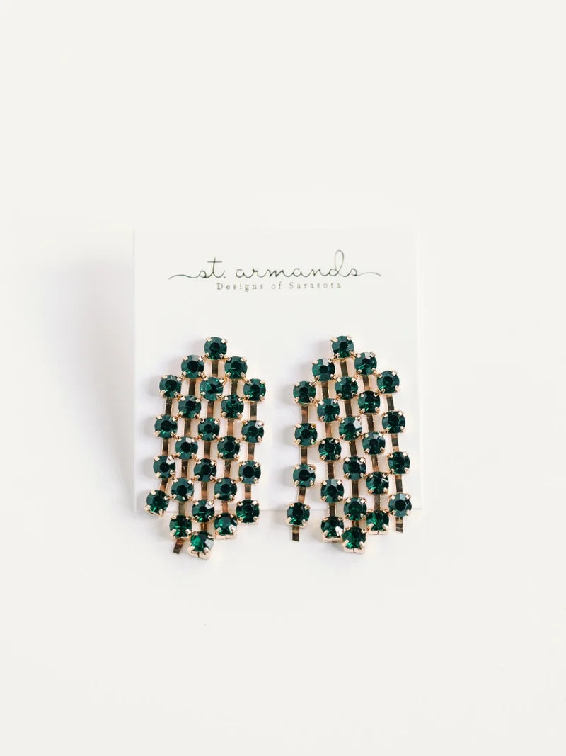 Green Rhinestone Tassel Statement Earrings