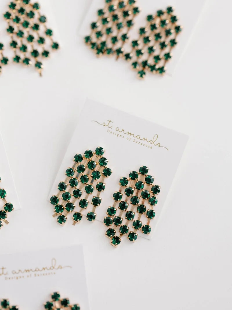 Green Rhinestone Tassel Statement Earrings