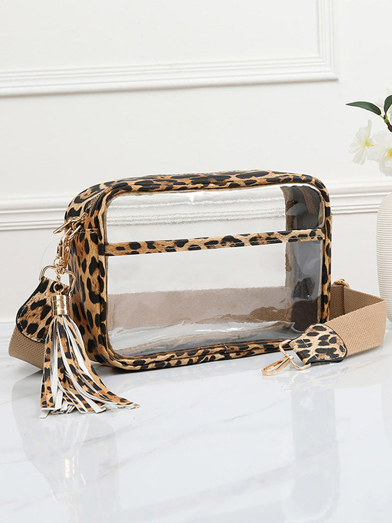 Clear Stadium Approved Camera Crossbody Bag with Tassel Vegan Leather Leopard