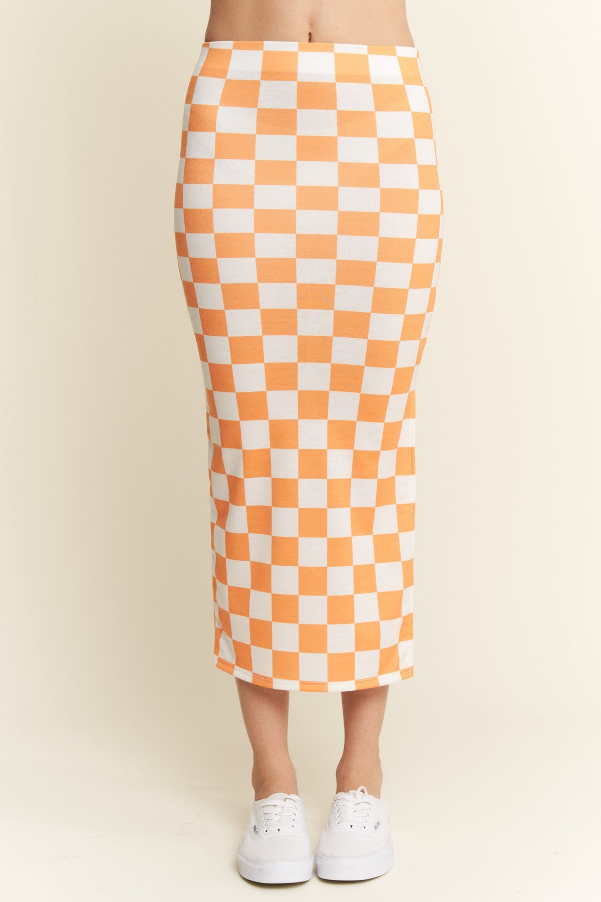 Checkerboard Midi Pencil Skirt in orange and white